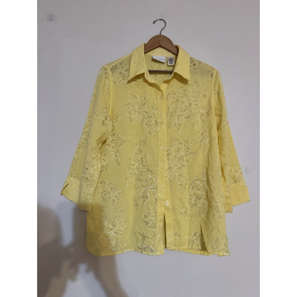 Alfred Dunner Women's Bright Glittery Yellow Floral Top Button Up 14 LRG Summer